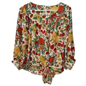 Rose + Olive Fruits Leaves Red Orange Yellow Blouse Ties at Bottom Size Large